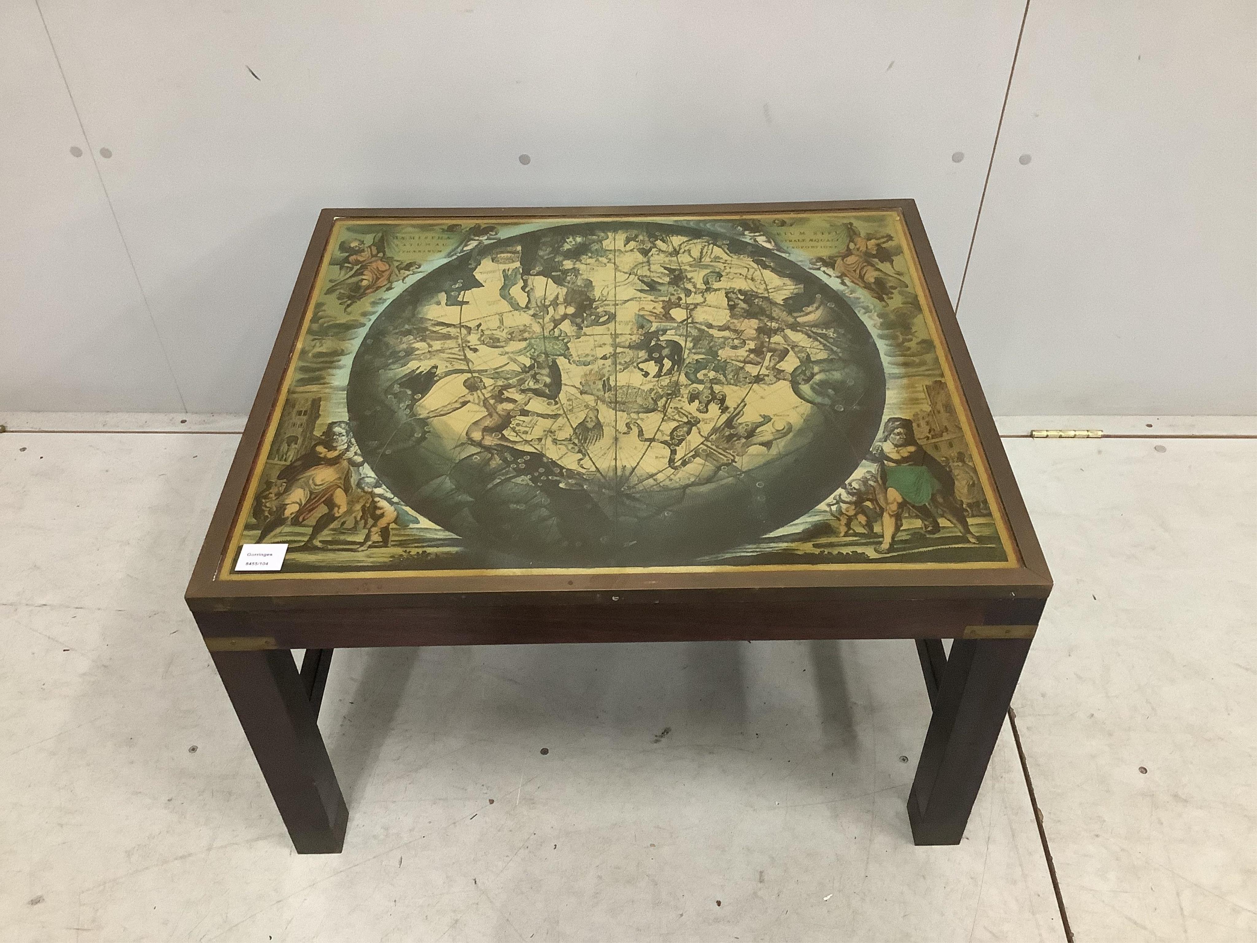 A military style brass bound mahogany coffee table, the top inset with a celestial chart, width 76cm, depth 64cm, height 46cm. Condition - fair